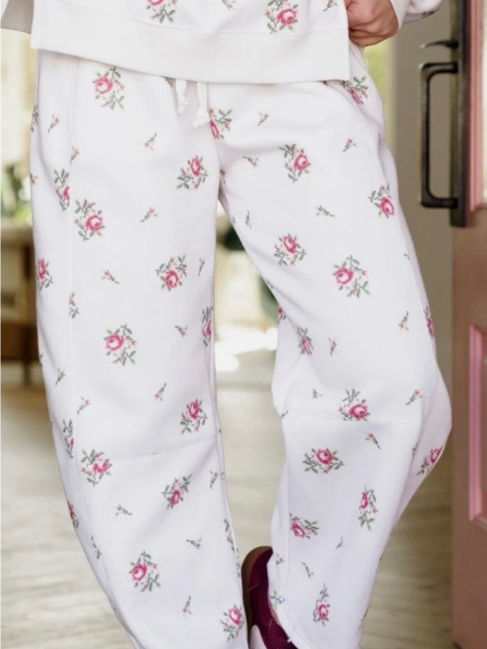 Peach Love California White Joggers with Pink Rose Print